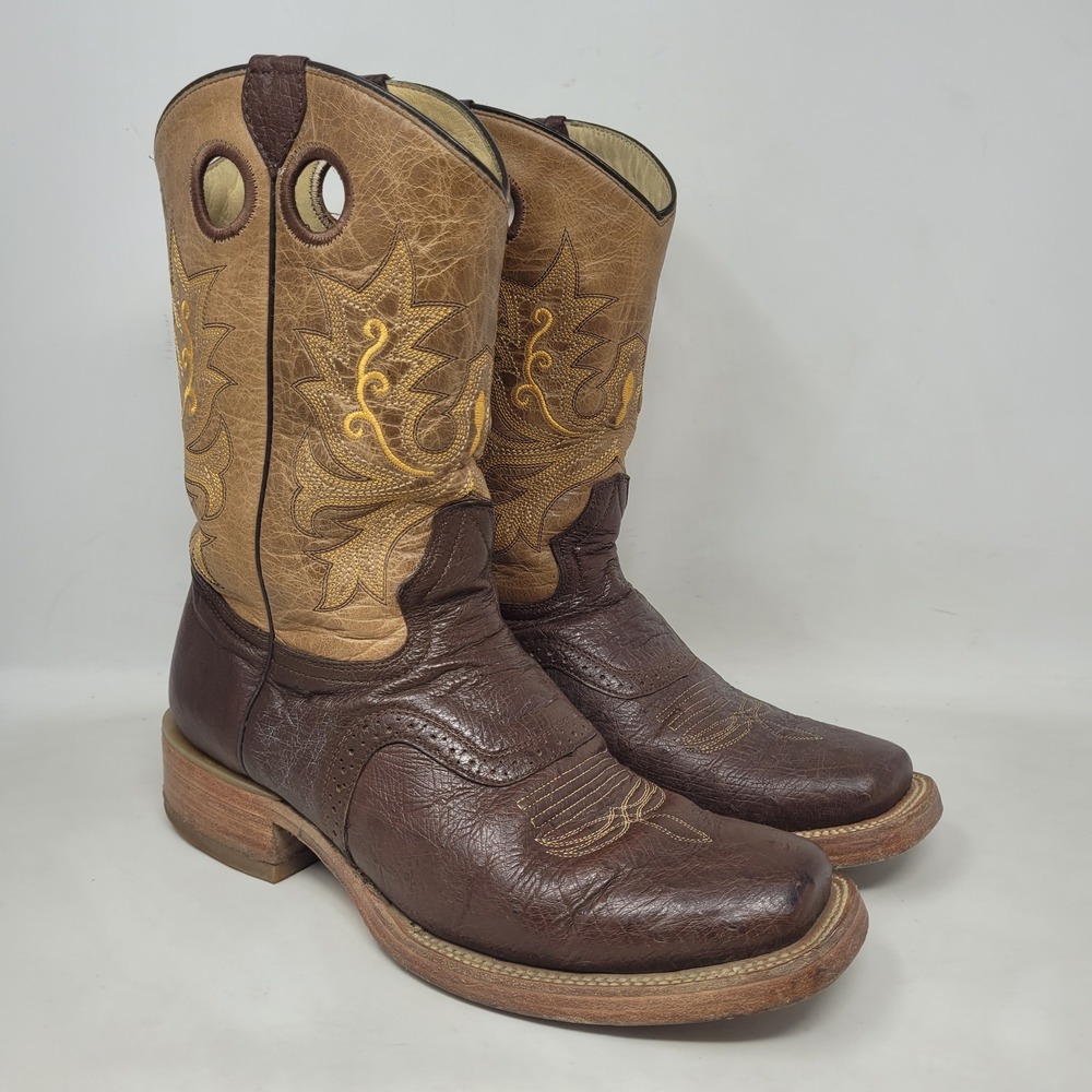Arango Boots Men 8.5 Brown Leather Ostrich Square Toe Embroidered Western Cowboy